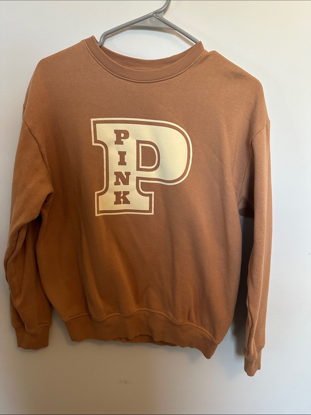 PINK Victoria's Secret Rust Brown Crewneck with Cream Collegiate 'P'